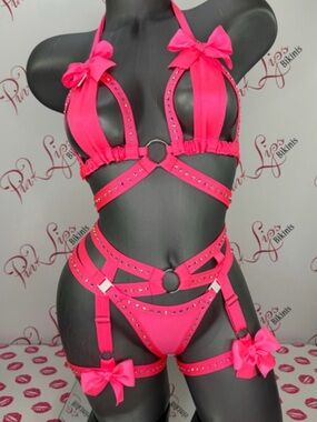 Hot Pink Strappy Studded Harness Set